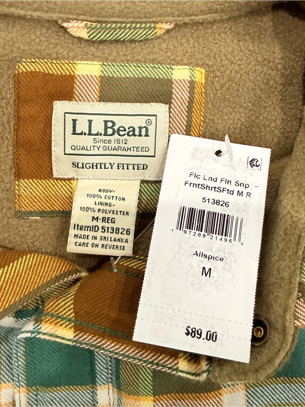 LL Bean Men's Medium Fleece Lined Flannel Shirt Traditional Fit Allspice NWT - Picture 13 of 14